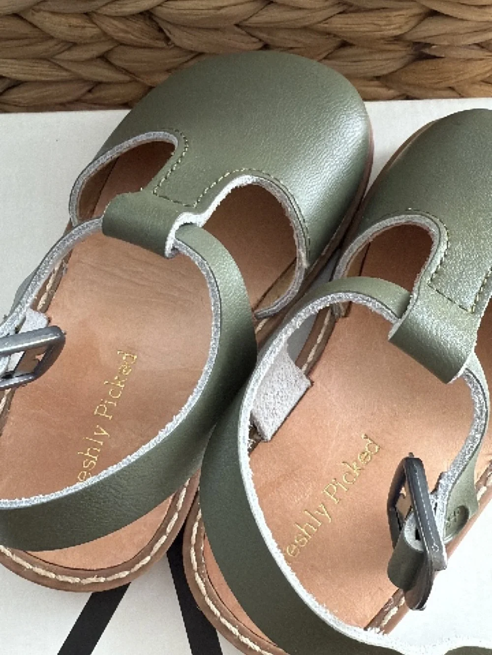 Freshly Picked Newport Sandals Kids Olive Green Leather T-Strap Sandals